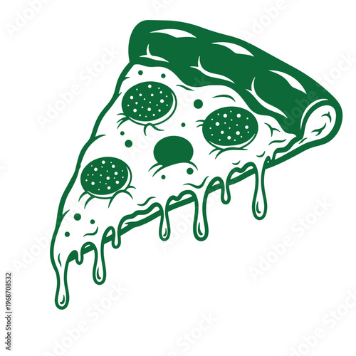 Green slice of pizza with melted cheese and pepperoni toppings on transparent background