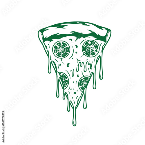 Green pizza slice with lime wedges on transparent background