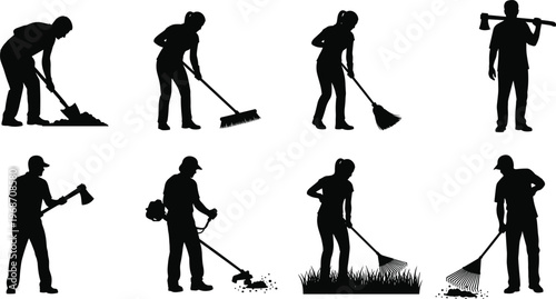 A comprehensive collection of gardener and farmer silhouettes featuring people working with tools like shovels rakes brooms axes and lawn trimmers for landscaping and agriculture.