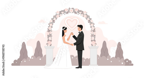 Bride and Groom Holding Hands Under Floral Wedding Arch with Heart
