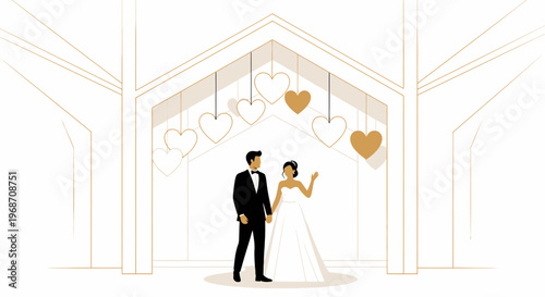 Bride and Groom Holding Hands Under Heart Decorations in Minimalist Wedding Setting