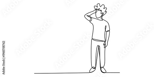 Continuous single line drawing of a confused young man looking up and scratching his head area Vector, illustration