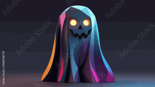 Colorful ghost sculpture with glowing eyes on dark background