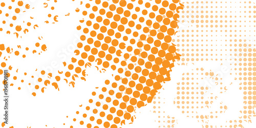 Abstract orange background with halftone dot pattern, grunge texture overlay with splatter and distressed effects, clean vector look
