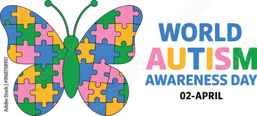 World Autism Awareness Day Vector Illustration Featuring a Colorful Butterfly with Puzzle Piece Wings Celebrating Neurodiversity and Inclusion on April Second