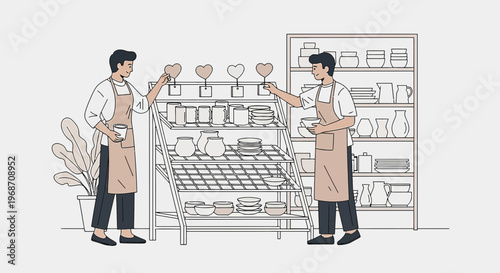 Artisan Couple Arranging Ceramic Hearts in Pottery Shop