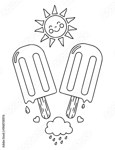  Kawaii melting ice cream popsicles under a smiling sun with a raining cloud