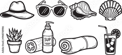 A collection of vintage and everyday items illustrated in black and white Vector