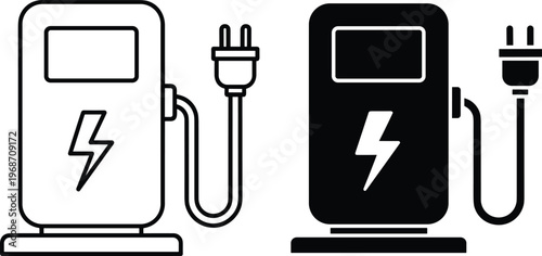 Electric vehicle charging station icons set with outline and solid black silhouette styles on grey.