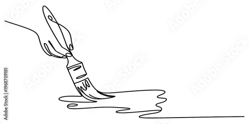 A single continuous line drawing of a hand holding a paintbrush making a stroke on a flat surface Vector, illustration