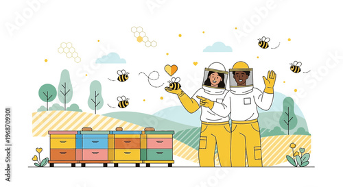 Beekeepers Couple in Love with Honey Bee and Heart Symbol