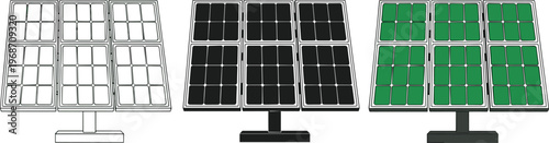 Solar panel array vector illustrations in outline black and green color styles for renewable energy.