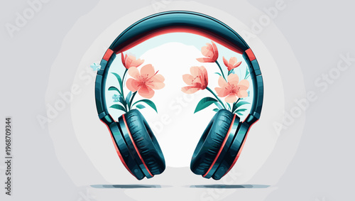 Headphones with flowers, colorful design, modern art style, copy space