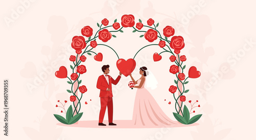 Bride and Groom Celebrate Love Under Floral Arch with Heart Symbol