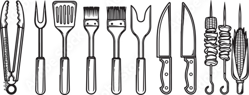 A collection of vintage and antique kitchen utensils illustrated in black and white Vector