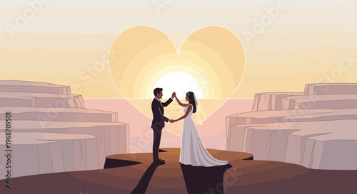 Bride and Groom Dancing at Sunset with Heart-Shaped Sun