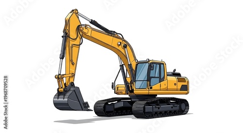 A yellow excavator with a large arm and bucket