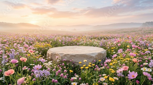 A natural stone podium sits in a vibrant field of wildflowers under a soft, hazy sunrise, creating a serene and colorful spring landscape.