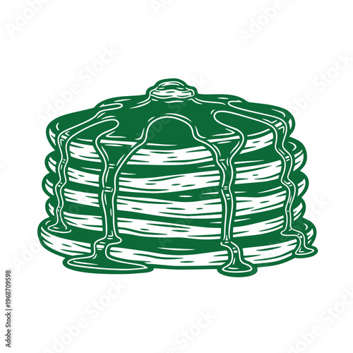 Stack of green pancakes with syrup dripping down dripping syrup