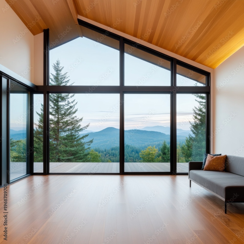 Fototapeta premium Seamless indoor-outdoor living Modern home with striking sloped wood ceiling, expansive windows framing a panoramic forest and mountain vista, minimalist interior. ,Architecture
