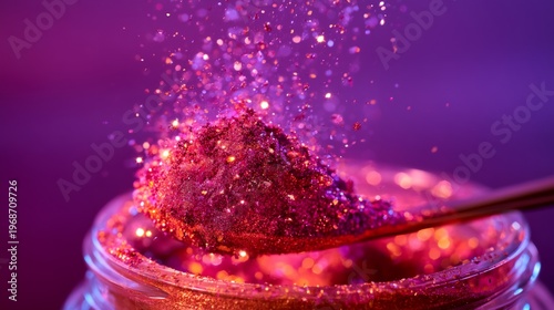 Vibrant pink glitter spills from glass jar with wooden spoon