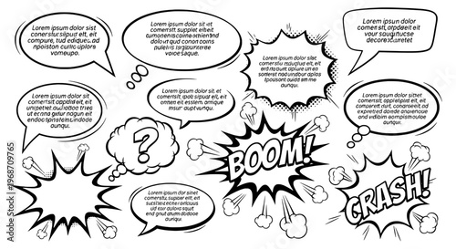 Speech bubbles comic book style with black outlines and white text placeholders for dialogue and sound effects