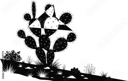 Cactus desert landscape silhouette with prickly pear plant and wild vegetation, black monochrome illustration for arid nature, southwestern design, garden decor and dry environment concept