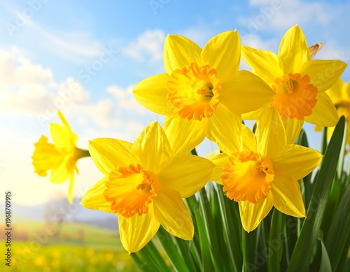 Close-up of several vibrant, yellow trumpet flowers with orange centers against a sunny, blue sky and green field background