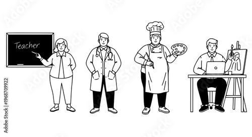 Overweight People Vector Illustrations in Various Professions like Teacher, Doctor, Chef, and Artist