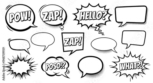 Speech bubbles comic book style with various shapes and words featuring pow zap hello, dialogue icons, graphic design elements with illustration set