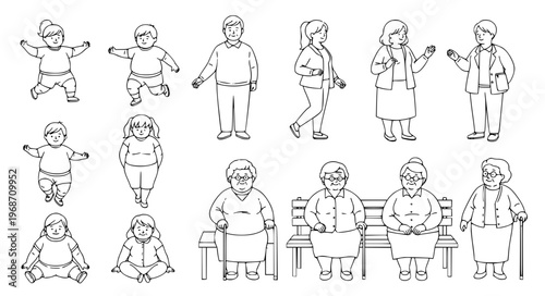 Diverse Ages Overweight People Vector Illustrations Including Children, Adults, and Elderly