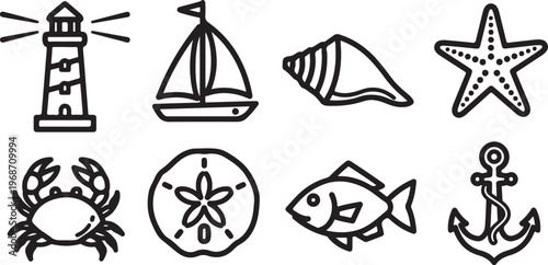 Collection of iconic symbols representing architecture, maritime and astronomy Vector