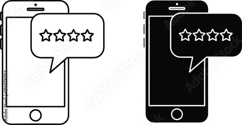 Smartphone screen showing five star rating system in speech bubble, customer feedback review.