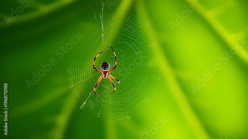 unobserved. A spider weaving a delicate web on a large green leaf with morning dew. wildlife magazines, conservation campaigns, designed for wildlife conservation campaigns, used by product managers.