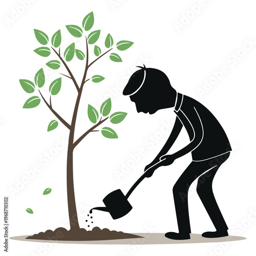 Silhouette vector art of a young man watering a sapling
