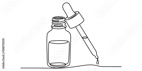 A simple continuous line drawing of a glass medicine dropper bottle with a drop of liquid falling Vector, illustration