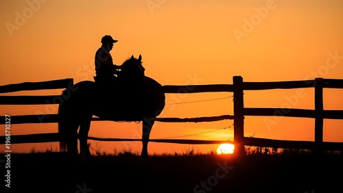 dismounting. A rider dismounting a horse near a fence at dusk, warm sunset colors. inspiring travel planning, wildlife magazines, designed for wildlife conservation campaigns.
