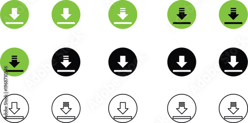 Download icons in green, black, and outline styles for digital file transfer.