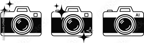 Digital camera icons set featuring ai technology feature and sparkling effect photography equipment.
