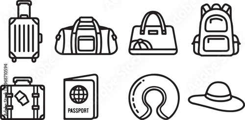 Essential items for international travel including luggage and passport Vector