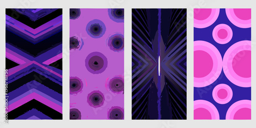 Four vertically oriented panels displaying abstract purple and pink patterns