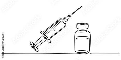 A single continuous line drawing of a medical syringe placed next to a small glass medicine vial Vector, illustration