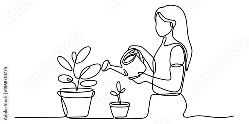 A continuous line drawing of a woman carefully watering two small potted plants in her home area. Vector, illustration