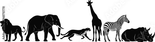 African animal silhouettes vector illustration, black wildlife icons, safari creatures, nature clipart, educational design, conservation theme, savanna species, zoology content