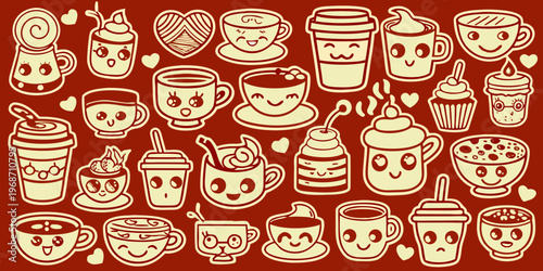 A collection of cute doodle style coffee and tea cups with happy faces