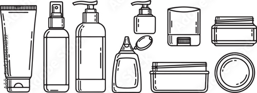 A collection of vintage suitcases and travel accessories in line art style Vector