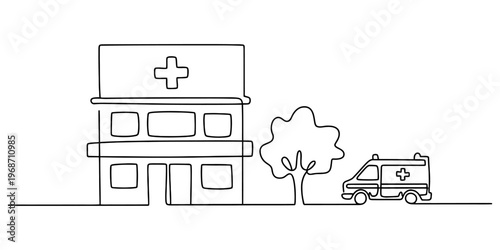 A single continuous line drawing of a hospital building with a tree and an ambulance parked outside Vector, illustration