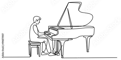 A single continuous line drawing of a person sitting and playing a grand piano in a quiet room Vector, illustration