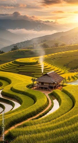 Stunning Terraced Rice Fields with Traditional House.
