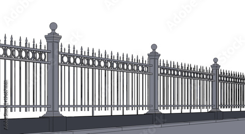Perspective view of a long grey ornamental metal fence with decorative posts and circular patterns on a white background.
